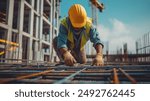 A construction worker wearing a yellow hard hat and safety vest is working on a building site, kneeling on a steel framework. The background shows an unfinished building structure and a crane.