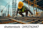 A construction worker wearing a yellow hard hat and safety vest is working on a building site, handling steel rebar. The background shows scaffolding and other construction activities.