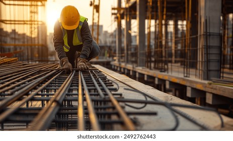 A construction worker wearing a yellow hard hat and safety vest is working on a building site at sunset, handling steel rebar.