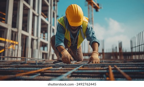 A construction worker wearing a yellow hard hat and safety vest is working on a building site, kneeling on a steel framework. The background shows an unfinished building structure and a crane.