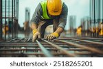 A construction worker in a yellow hard hat and reflective vest is kneeling on a construction site, carefully arranging steel rebar. 