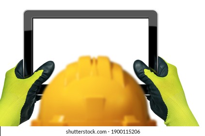 Construction Worker With Yellow Hard Hat And Hands With Protective Gloves, Holding An Empty Digital Tablet, Isolated On White Background With Copy Space.