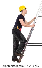 Construction Worker In Yellow Helmet Climbing A Ladder. Side View. Full Length Studio Shot Isolated On White.