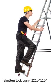 Construction Worker In Yellow Helmet Climbing A Ladder. Side View. Full Length Studio Shot Isolated On White.