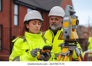 Construction workers collaborate while reviewing data on tablet at building site
