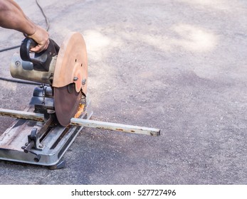 Construction Workers Are Cutting Steel. With Fiber Machine. 
