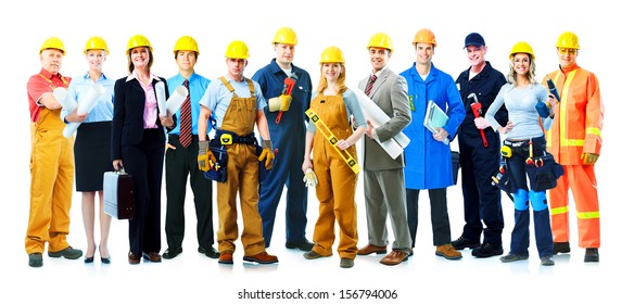 Construction Workers Group. Isolated Over White Background.