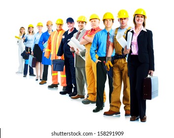 Construction Workers Group. Isolated Over White Background.