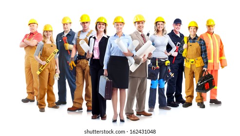 Construction Workers Group. Isolated Over White Background.