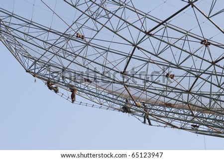 Construction workers on the Giant Meter-wave Radio Telescope `GMRT' in India. Perilous work.