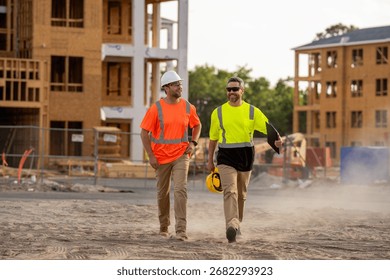 Constructors engineers in construction clothes walk along the construction site near an unfinished house through the dust. engineer and worker plan working for the outdoors building construction site