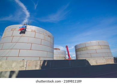 Constuction Of An Oil Derrick Crane, Big Oil Tanks