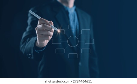 IT consultant explaining central process system using hub and spoke diagram. Concept of system architecture, platform integration, enterprise solution, corporate technology, and digital ecosystem.