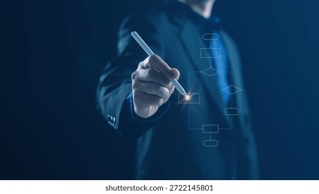 IT consultant explaining system decision logic using flowchart diagram. Concept of business rules, software logic, process analysis, corporate technology, and professional IT consulting.