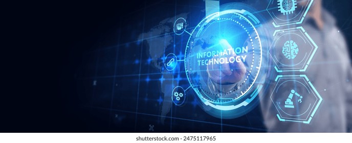 IT consultant presenting tag cloud about information technology.