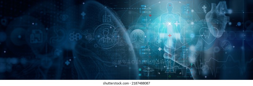 Consultation With A Doctor. Full Body Health Check Up Medical Diagnosis Of Human Cardiovascular Diseases, Blood Pressure, Heart Anatomy, Lungs.Doctor Working  Intelligence Network Connecting Data