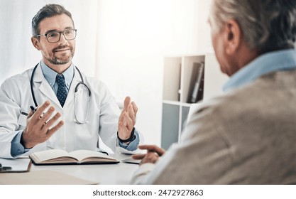 Consultation, man and doctor in office with advice, help and discussion for health insurance. Clinic, senior patient and medical professional at desk with support, trust and healthcare at checkup - Powered by Shutterstock