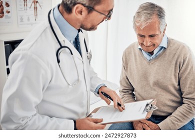 Consultation, man and doctor in office with clipboard, results and advice for health insurance. Clinic, senior patient and medical professional on bed with support, trust and healthcare at checkup - Powered by Shutterstock