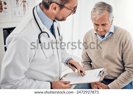 Consultation, man and doctor in office with clipboard, results and advice for health insurance. Clinic, senior patient and medical professional on bed with support, trust and healthcare at checkup