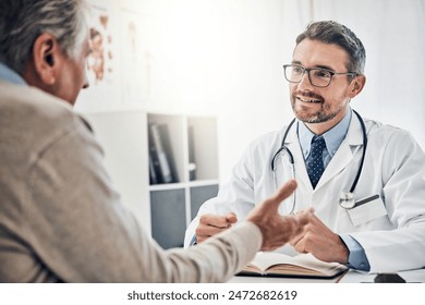 Consultation, man and doctor in office with conversation, help and advice for health insurance. Clinic, senior patient and medical professional at desk with support, trust and healthcare at checkup - Powered by Shutterstock