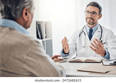 Consultation, man and doctor in office with discussion, help and advice for health insurance. Clinic, senior patient and medical professional at desk with support, trust and healthcare at checkup - Powered by Shutterstock