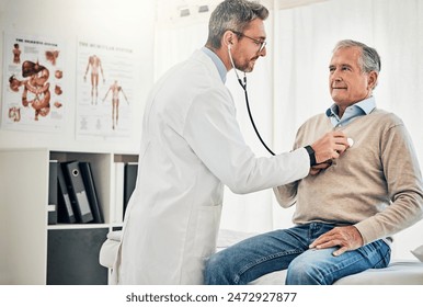 Consultation, man and doctor in office with stethoscope, checkup and healthcare at senior clinic. Diagnosis, elderly patient and medical professional with support, checking heart health and advice - Powered by Shutterstock