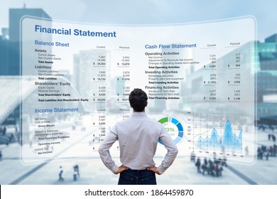 Consulting auditor analyzing Financial Report with Balance Sheet, Income Statement and Cash Flow information. Consultant auditing corporate finance and accounting. Business and operations management