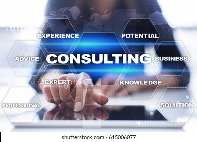 Consulting business concept. Text and icons on virtual screen. - Shutterstock ID 615006077