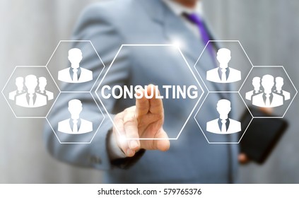 Consulting Business Social Network People Concept. Man Touched Consulting Services Icon On Virtual Screen. Job Consult Strategy, Governance, Knowledge, Search Talents, Human Resources Technology