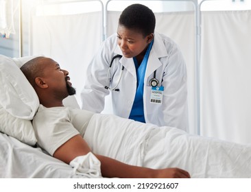 Consulting, Hospital Plan And Healthcare With A Sick Patient Talking To A Doctor After Cancer Diagnosis. Caring Health Care Professional Support And Explain Treatment Option To A Worried Man In Bed