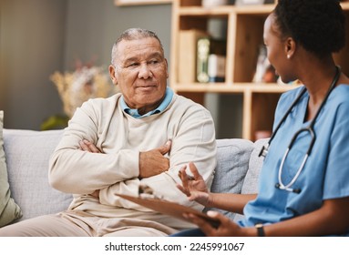 Consulting, medical and checklist with old man and nurse for retirement, rehabilitation or physical therapy. Help, empathy and healing with patient and black woman in nursing home for healthcare exam - Powered by Shutterstock