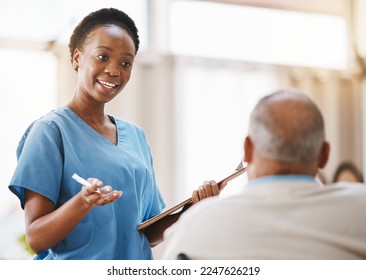 Consulting, medical and checklist with old man and nurse for retirement, rehabilitation or physical therapy. Help, empathy and healing with patient and black woman in nursing home for healthcare exam - Shutterstock ID 2247626219