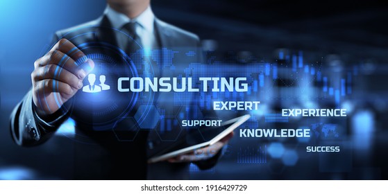 Consulting service business, finance and development concept. Businessman pressing button on virtual screen.