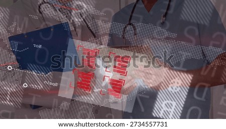 Consulting two doctors in lab coat and scrubs viewing tablet at hospital, with clipboard, red HUD. Augmentedreality, data, device, teamwork, clinical, stethoscope, dashboard