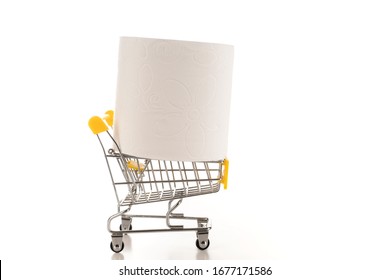 Consumer Buying Panic About Coronavirus Covid-19 Concept. Toilet Paper Roll In Shopping Trolley Isolated. People Are Stocking Up Essentials For Home Quarantine