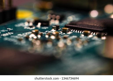 Consumer electronics micro controller. Programmable electronics board for electronic projects. Macro photo of electrical circuit and processor. Close up electronic photo.