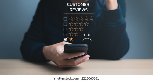 Consumer Service, Unhappy Client With Sad Emotion Face On A Smartphone Screen, Customer Experience Dissatisfied, Bad Feedback Review. Lowest Rating, Bad Quality, Client Feeling, Negative Assessment,