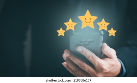 Consumers Point To Stars For The Best Satisfaction Rating Based On The Store's Service Experience, Customer Engagement Concept Based On Test Results And Product Evaluation Through The Internet.