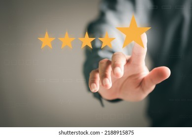 Consumers Point To Stars For The Best Satisfaction Rating Based On The Store's Service Experience, Customer Engagement Concept Based On Test Results And Product Evaluation Through The Internet.