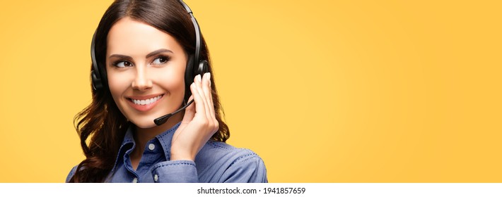 Contact Call Center Service. Customer Support, Female Sales Agent. Caller Or Answering Phone Operator Or Businesswoman In Headset. Brunette Young Woman. Zoom Conference. Orange Yellow Color Background