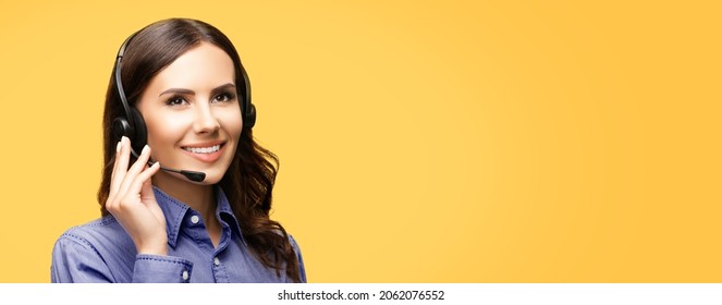 Contact Call Center Service. Customer support female sales agent. Caller or answering phone operator or businesswoman Looking up woman in headset at studio image. Yellow background Answer receptionist