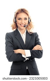 Contact Call Center Service. Customer support, representative sales agent. Bright photo of caller answering phone operator saleswoman in headset. Callcenter adviser, isolated against white background.