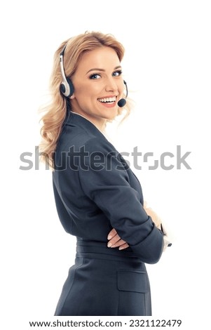 Contact Call Center Service. Customer support, representative sales agent. Portrait photo of caller answering phone operator saleswoman in headset. Callcenter adviser, isolated white background.