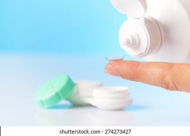 Contact Lens, Case And Bottle Of Solution Close-up