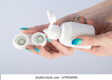 Contact Lens, Case And Bottle Of Solution Close-up