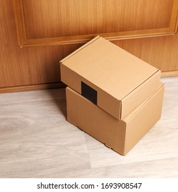 Contact Less Delivery Concept, Touch Free Shipment, Carboard Box, Safe Order From Online Shop.