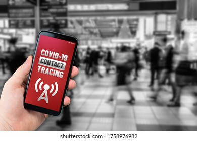 Contact tracing app concept on generic mockup smartphone for Covid-19 pandemic to trace people who have got infected by the virus. - Shutterstock ID 1758976982