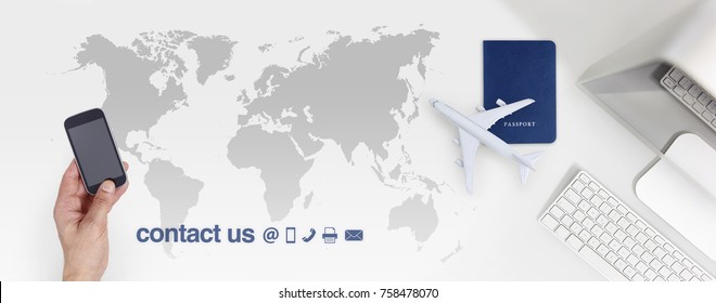 Contact Us And Booking Flight Ticket Air Travel Vacations Concept, Hands With Smart Phone On World Map Background