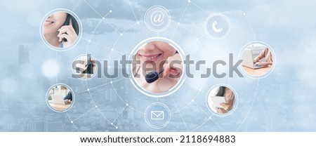 Contact us call center customer service concept talking on microphone headset offering answering advice to customer help and support services, using smart devices city blue background digital icon.