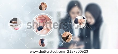 Contact us call center customer service concept talking on microphone headset offering answering advice to customer help and support services, using smart devices office blue background digital icon.